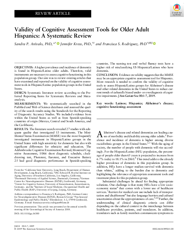 (PDF) Validity of Cognitive Assessment Tools for Older Adult Hispanics ...