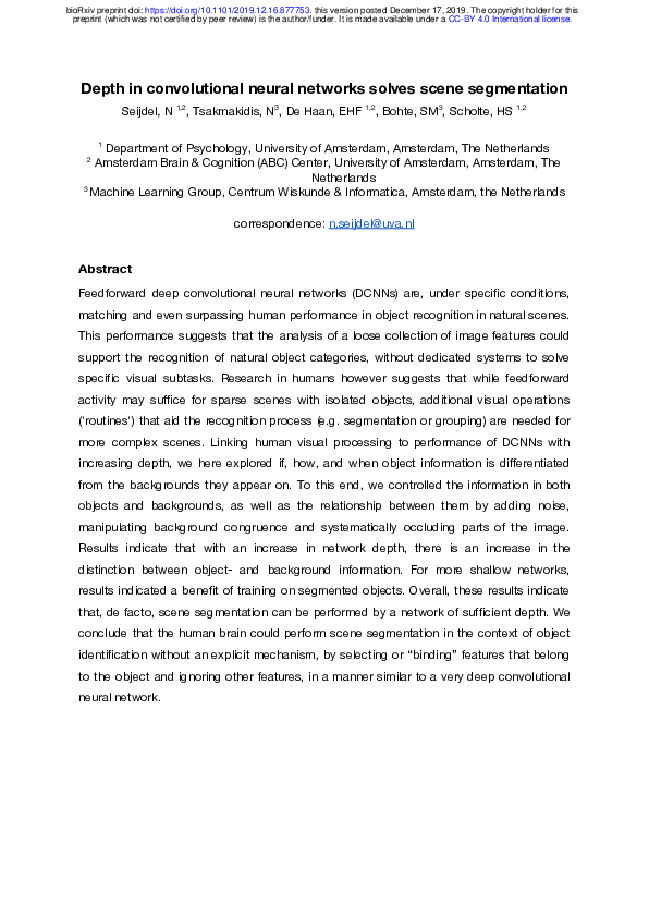 (PDF) Depth in convolutional neural networks solves scene segmentation