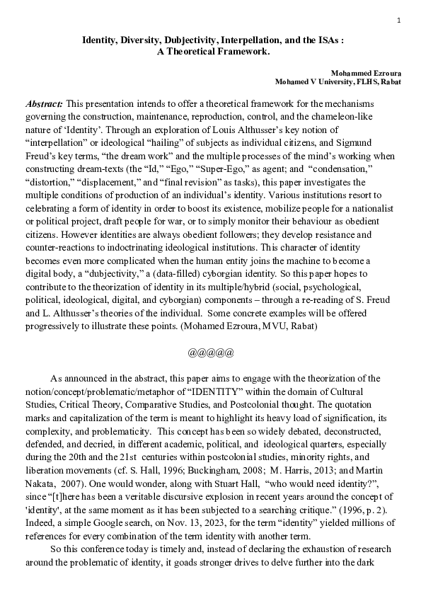 (PDF) Identity, Dubjectification, Interpellation, and the ISAs
