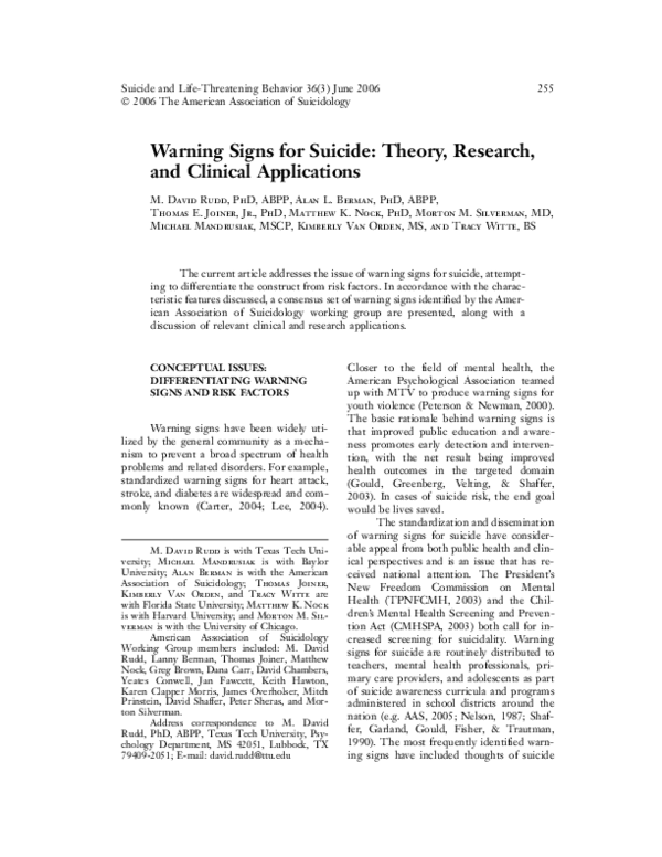 (PDF) Warning Signs for Suicide: Theory, Research, and Clinical ...