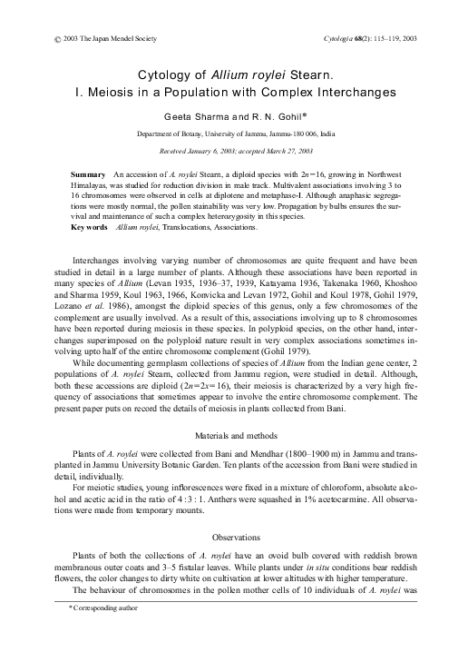 (PDF) Cytology of Allium roylei Stearn. I. Meiosis in a Population with ...