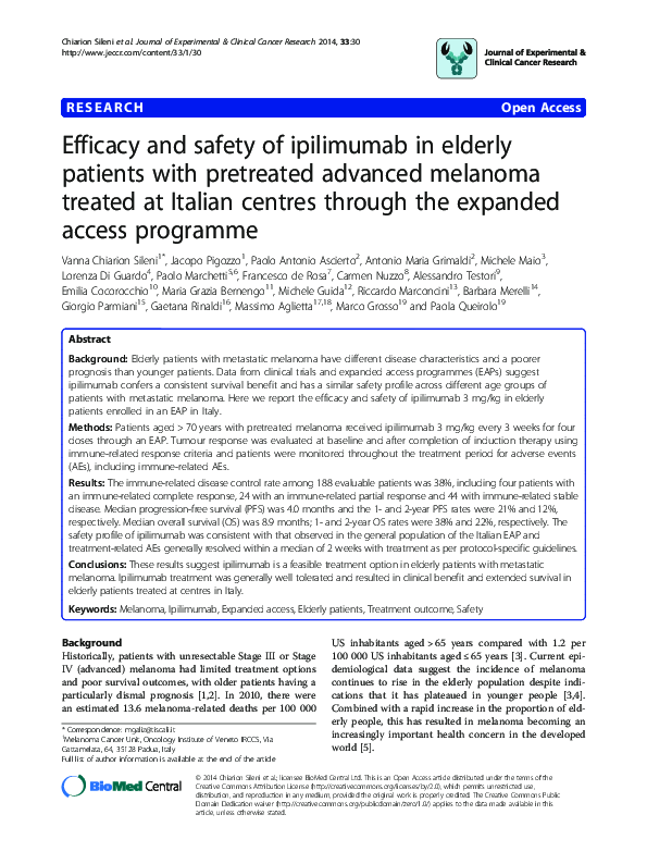 Efficacy and safety of ipilimumab in elderly patients with pretreated advanced melanoma treated at Italian centres through the expanded access programme