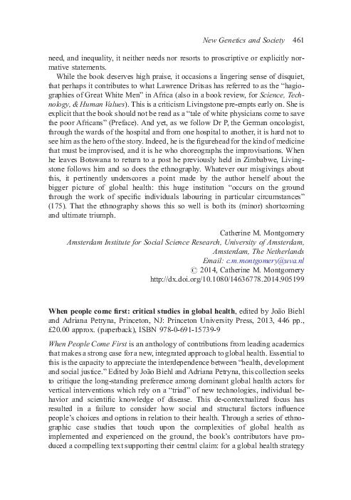 (PDF) When people come first: critical studies in global health