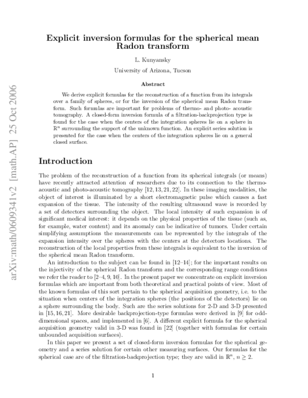 (PDF) Explicit inversion formulas for the spherical mean Radon transform