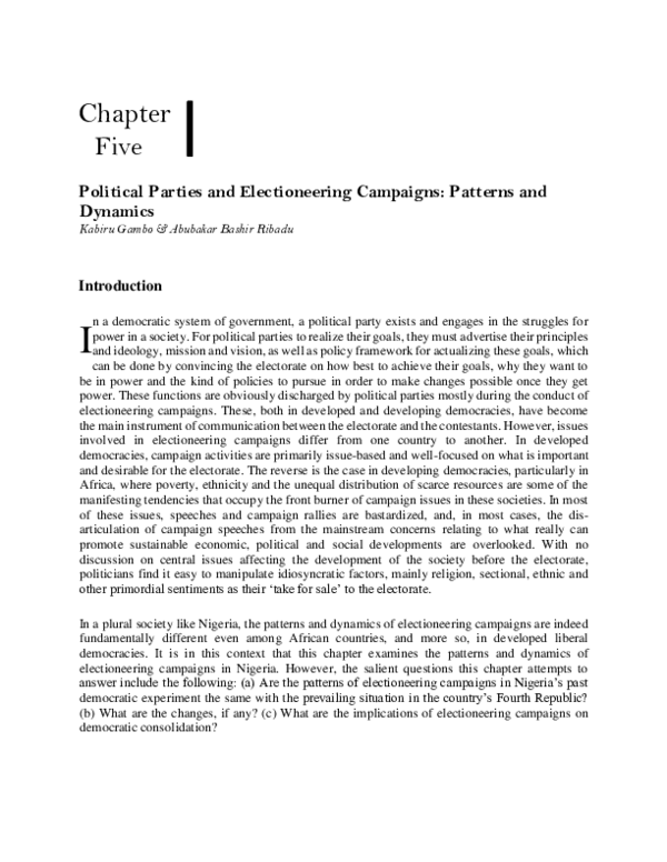 (PDF) Political Parties and Electioneering Campaigns: Patterns and Dynamics