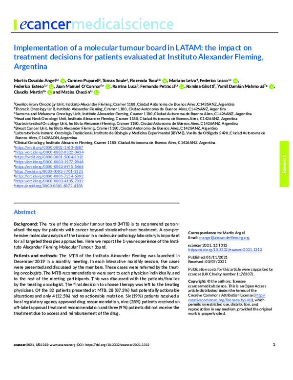 Implementation of a molecular tumour board in LATAM: the impact on treatment decisions for patients evaluated at Instituto Alexander Fleming, Argentina