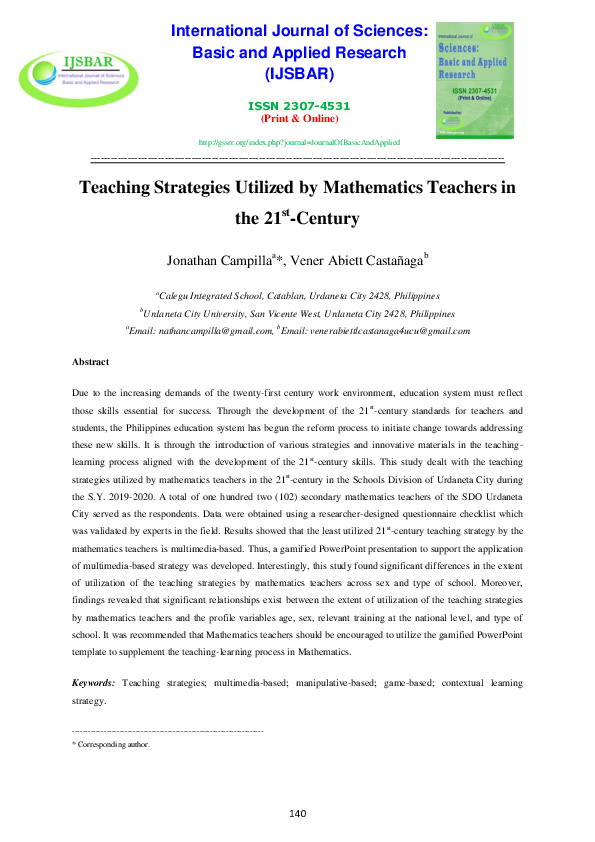 (PDF) Teaching Strategies Utilized by Mathematics Teachers in the 21st ...