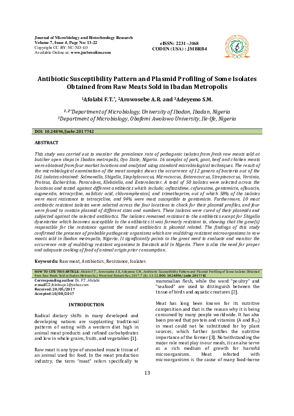 (PDF) Antibiotic Susceptibility Pattern and Plasmid Profiling of Some ...