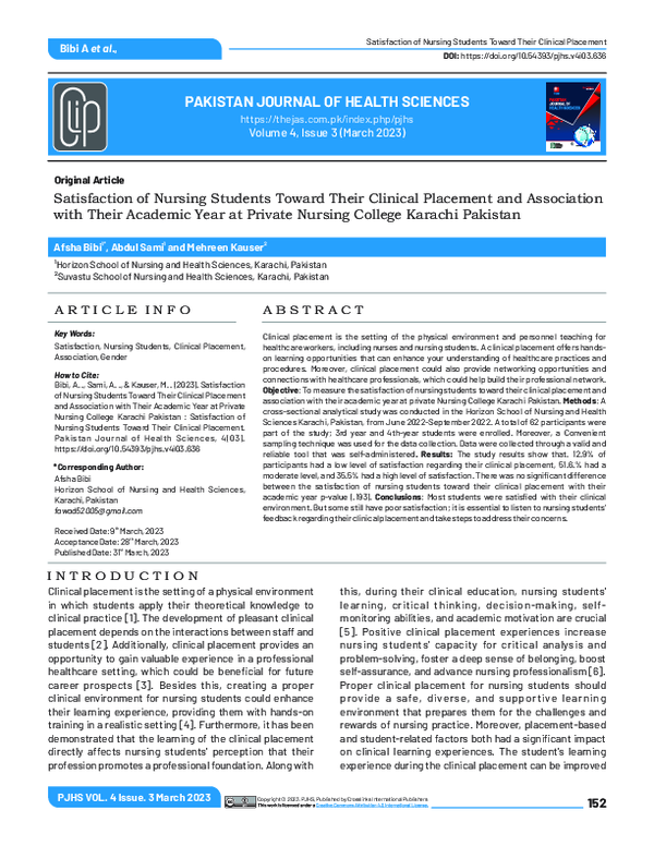 (PDF) Satisfaction of Nursing Students Toward Their Clinical Placement ...