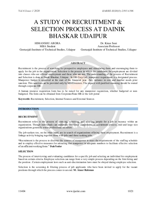 (PDF) A Study on Recruitment & Selection Process at Dainik Bhaskar Udaipur