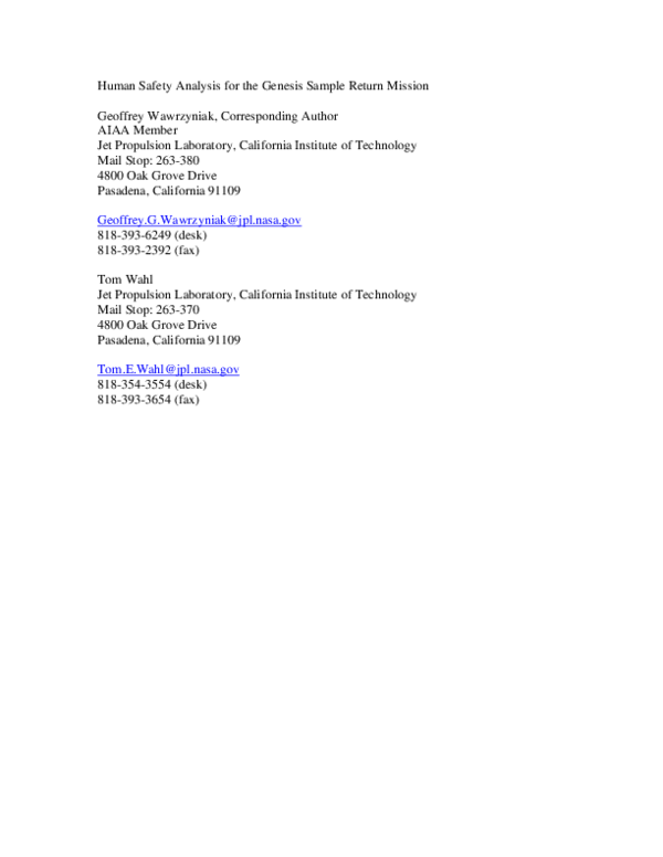 (PDF) Human safety analysis for the Genesis Sample Return mission