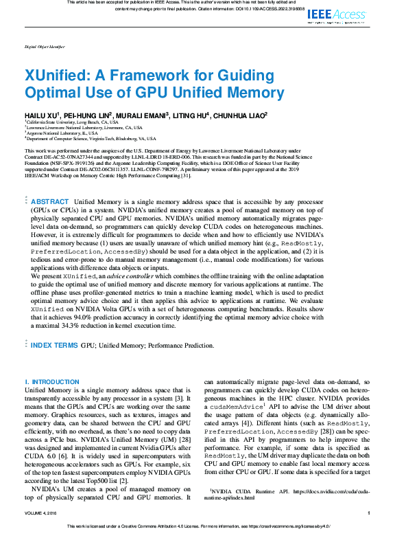 (PDF) Xunified: A Framework for Guiding Optimal Use of Gpu Unified Memory