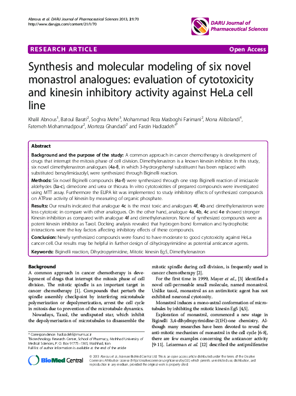 (PDF) Synthesis and molecular modeling of six novel monastrol analogues ...