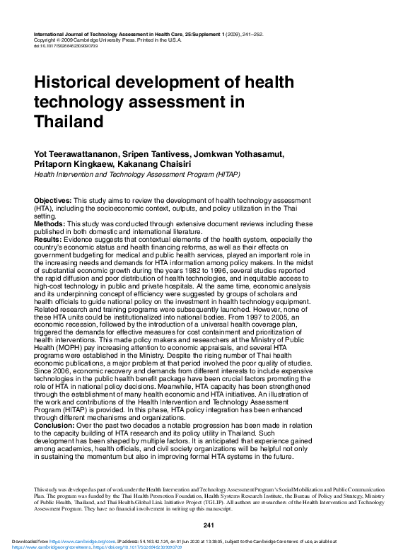 (PDF) Historical development of health technology assessment in Thailand