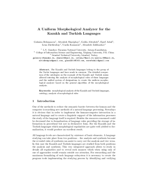 (PDF) A Uniform Morphological Analyzer for the Kazakh and Turkish Languages