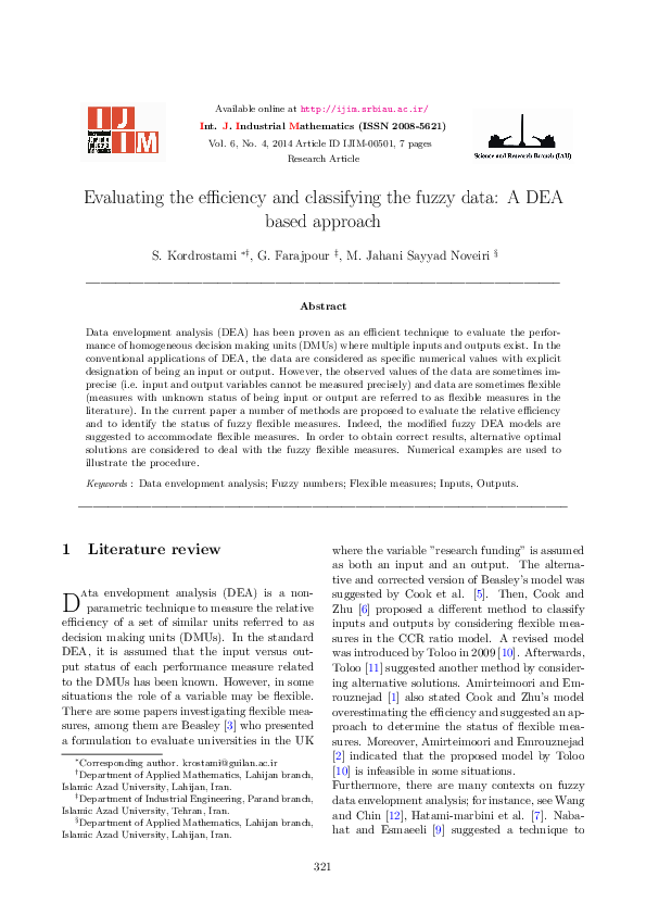 (PDF) Evaluating the Efficiency and Classifying the Fuzzy Data: A Dea ...