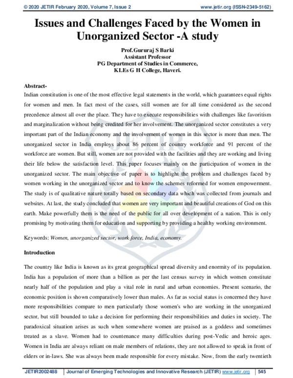 (PDF) Issues and Challenges Faced by the Women in Unorganized Sector -A ...