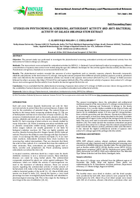 (PDF) STUDIES ON PHYTOCHEMICAL SCREENING, ANTIOXIDANT ACTIVITY AND ANTI ...