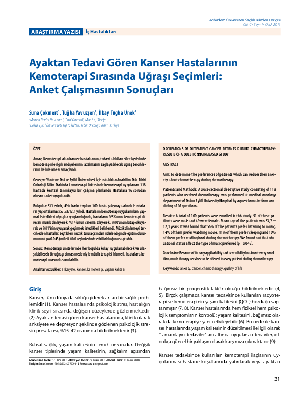 Ayaktan Tedavi Gören Kanser Hastalarının Kemoterapi Sırasında Uğraşı Seçimleri: Anket Çalışmasının Sonuçları