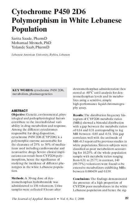 (PDF) Cytochrome P450 2D6 Polymorphism in White Lebanese Population