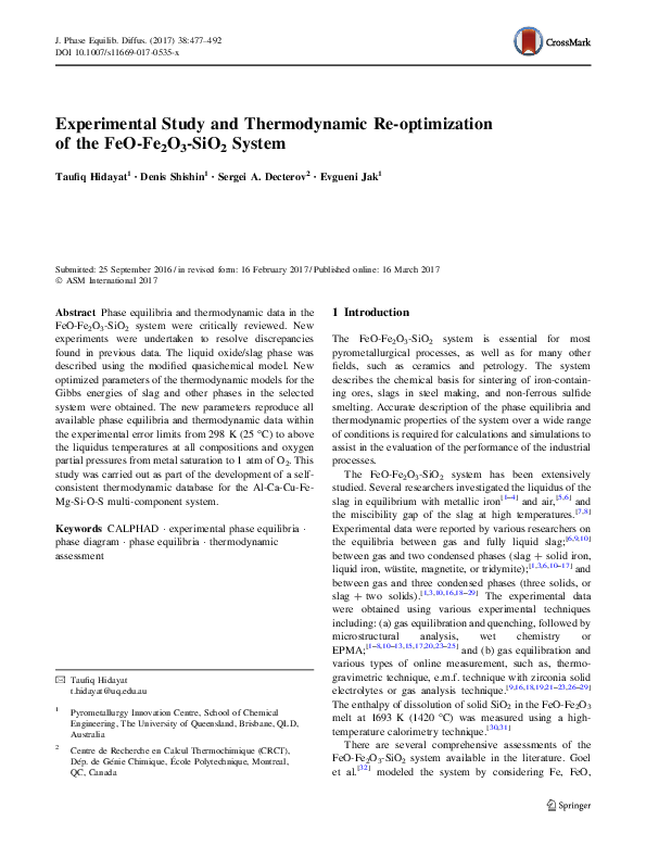 (PDF) Experimental Study and Thermodynamic Re-optimization of the FeO ...