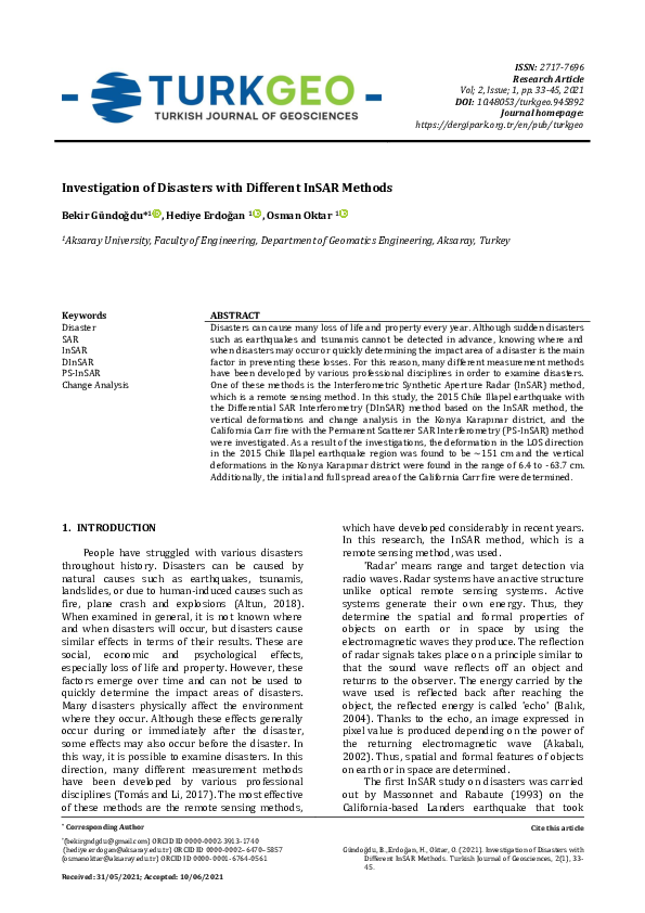 (PDF) Investigation of Disasters with Different InSAR Methods