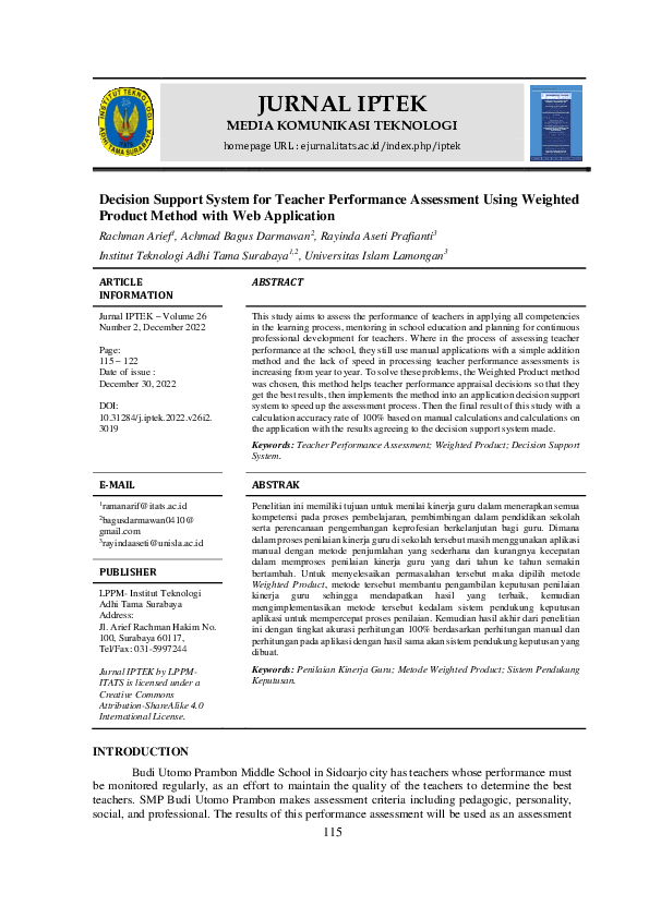 (PDF) Decision Support System for Teacher Performance Assessment Using ...