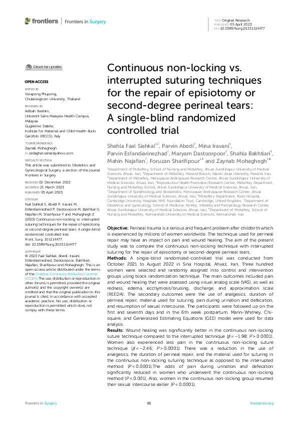 Continuous non-locking vs. interrupted suturing techniques for the repair of episiotomy or second-degree perineal tears: A single-blind randomized controlled trial