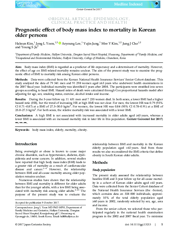 (PDF) Prognostic effect of body mass index to mortality in Korean older ...