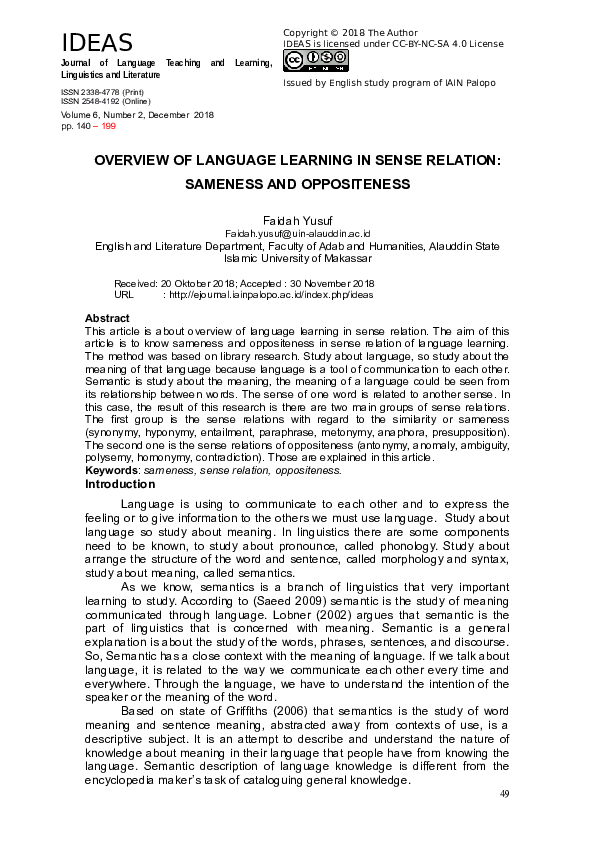 (PDF) Overview of Language Learning in Sense Relation: Sameness and ...