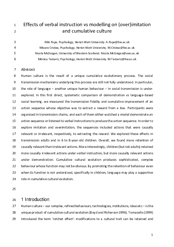 (PDF) Effects of verbal instruction vs modelling on (over)imitation and ...
