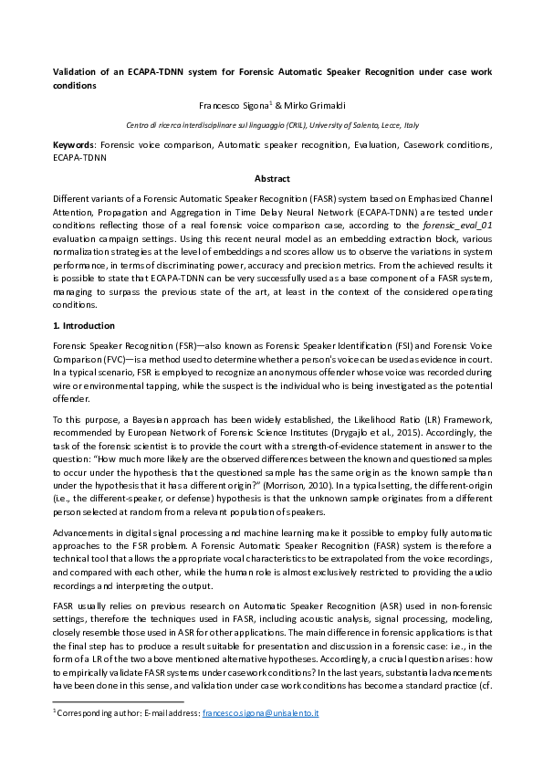 (PDF) Validation of an ECAPA-TDNN system for Forensic Automatic Speaker ...