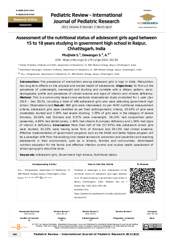 (PDF) Assessment of the nutritional status of adolescent girls aged ...