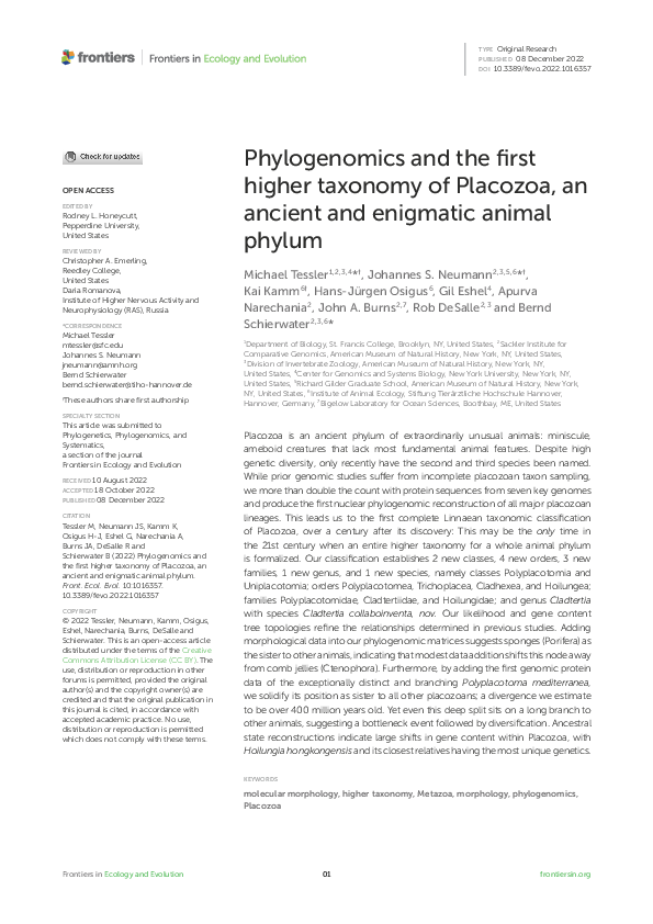 (PDF) Phylogenomics and the first higher taxonomy of Placozoa, an ...