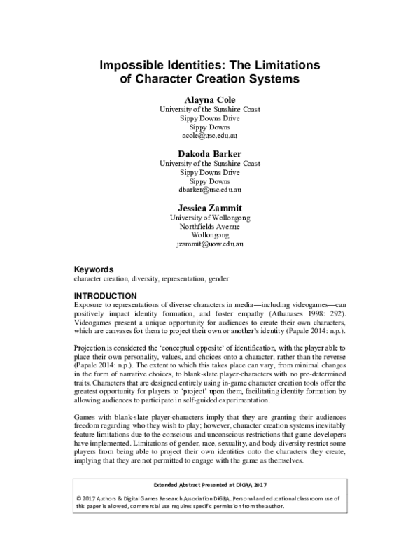 (PDF) Impossible Identities: The Limitations of Character Creation Systems