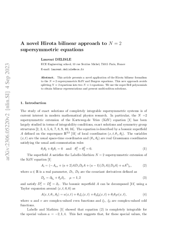 (PDF) A novel Hirota bilinear approach to $N=2$ supersymmetric equations
