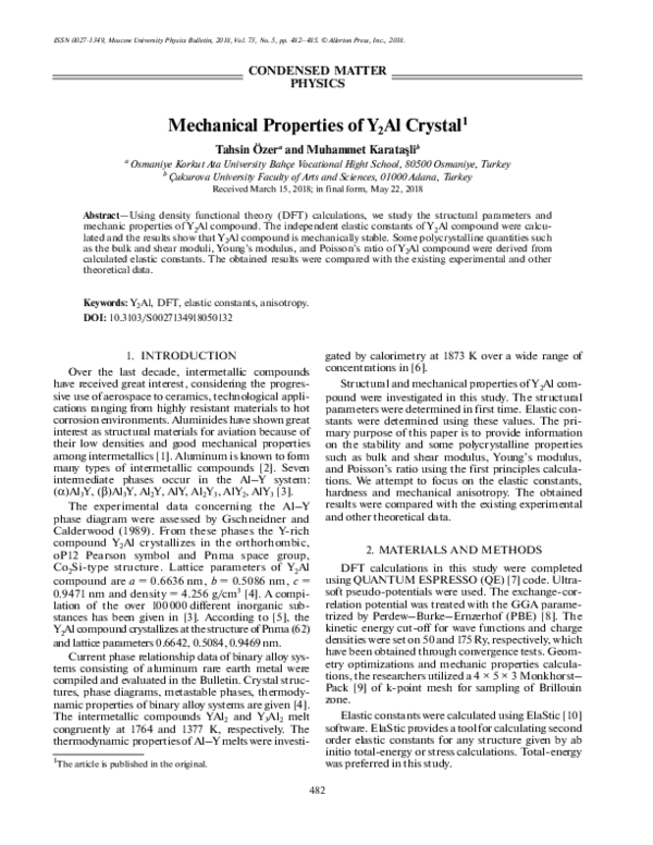 (PDF) Mechanical Properties of Y2Al Crystal