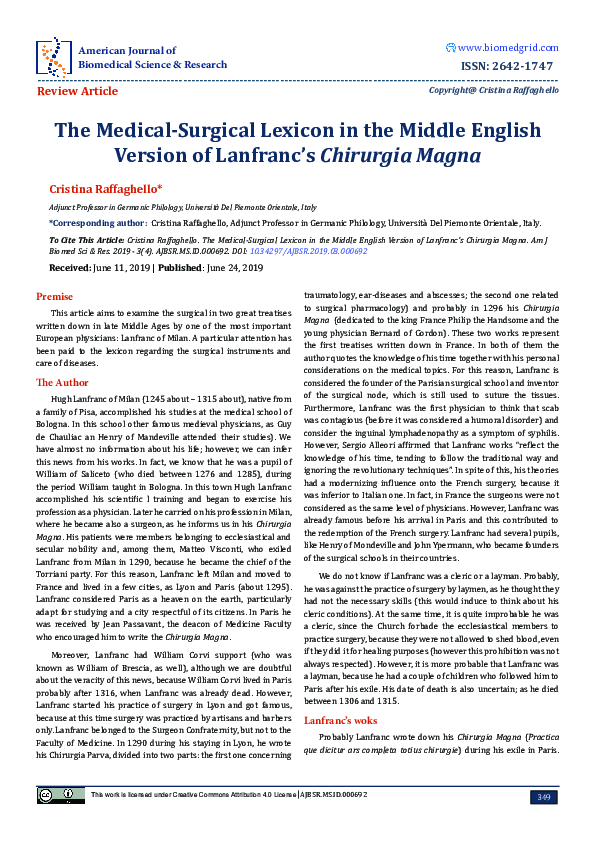 The Medical-Surgical Lexicon in the Middle English Version of Lanfranc’s Chirurgia Magna