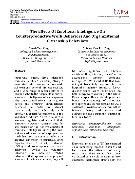 (PDF) The Effects Of Emotional Intelligence On Counterproductive Work ...