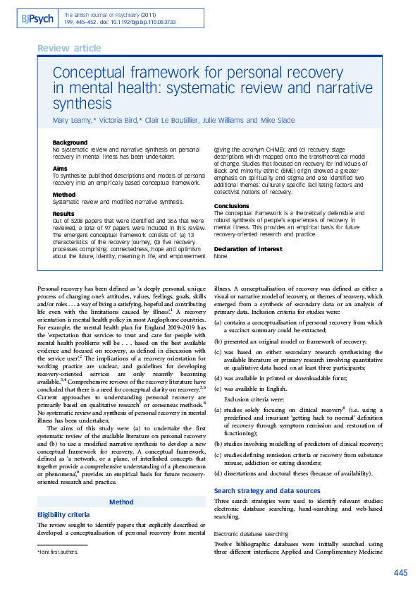 (PDF) Conceptual framework for personal recovery in mental health ...
