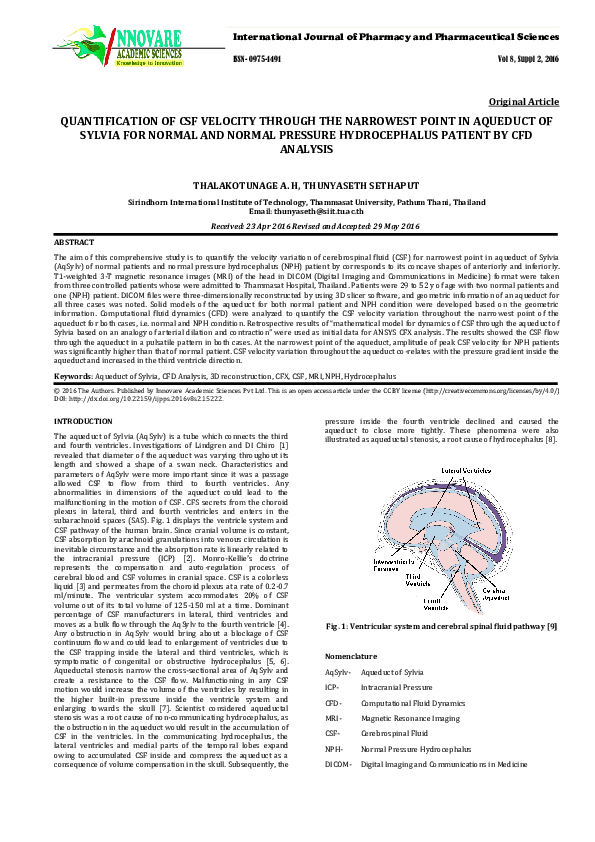 (PDF) QUANTIFICATION OF CSF VELOCITY THROUGH THE NARROWEST POINT IN ...
