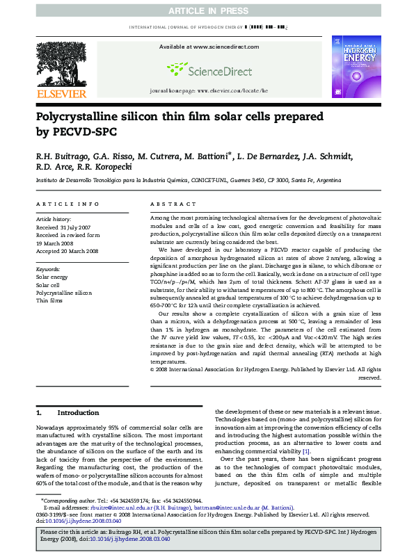 (PDF) Polycrystalline silicon thin film solar cells prepared by PECVD-SPC