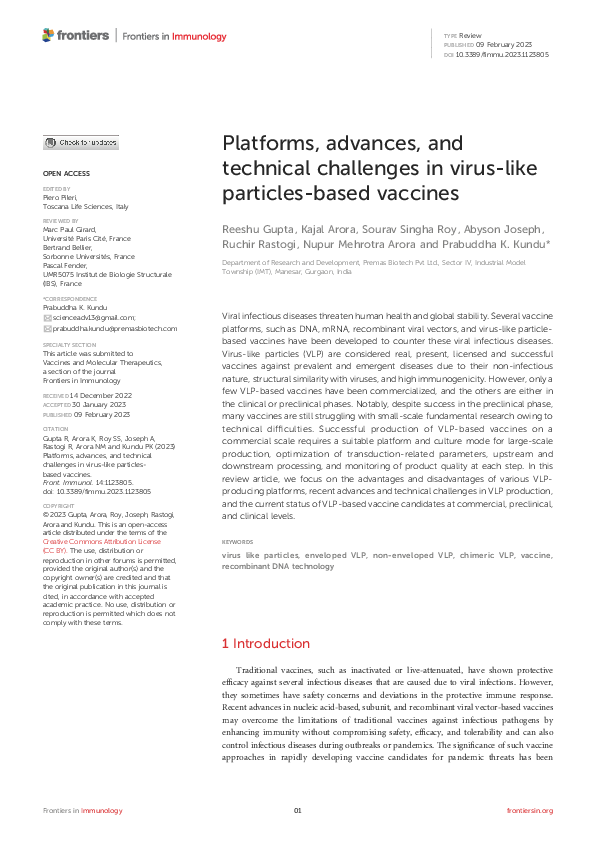 (PDF) Platforms, advances, and technical challenges in virus-like ...