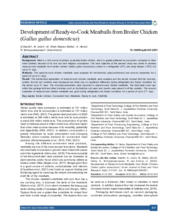 (PDF) Development of Ready-to-Cook Meatballs from Broiler Chicken ...