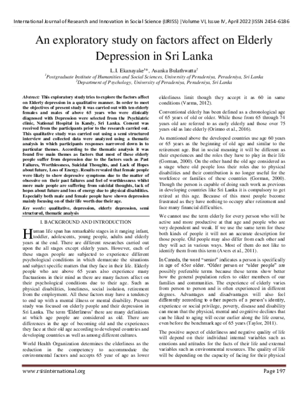 (PDF) An exploratory study on factors affect on Elderly Depression in ...