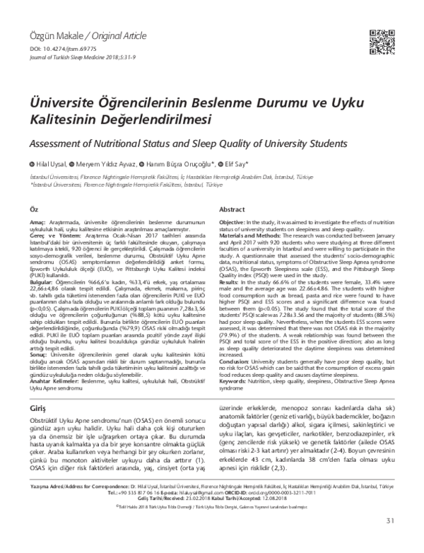 (PDF) Assessment of Nutritional Status and Sleep Quality of University ...