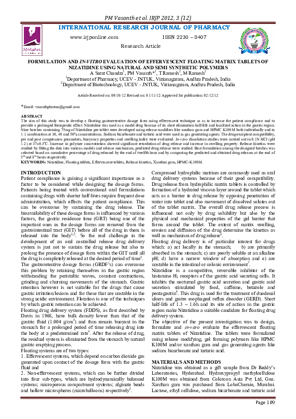 (PDF) Formulation and in vitro evaluation of effervescent floating ...