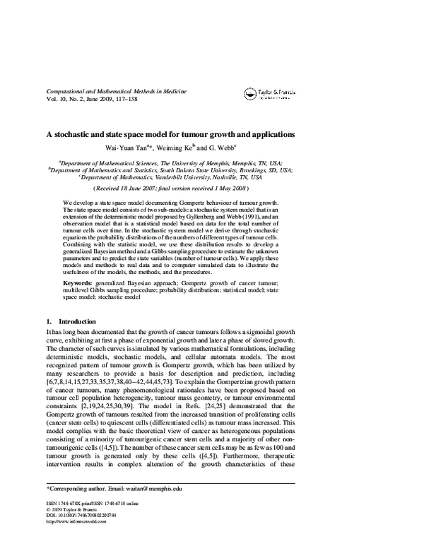 (PDF) A Stochastic and State Space Model for Tumour Growth and Applications