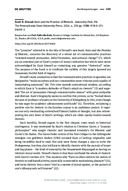 (PDF) Scott R. Stroud: Kant and the Promise of Rhetoric