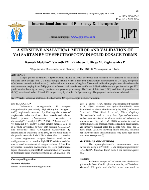 (PDF) A SENSITIVE ANALYTICAL METHOD AND VALIDATION OF VALSARTAN BY UV ...